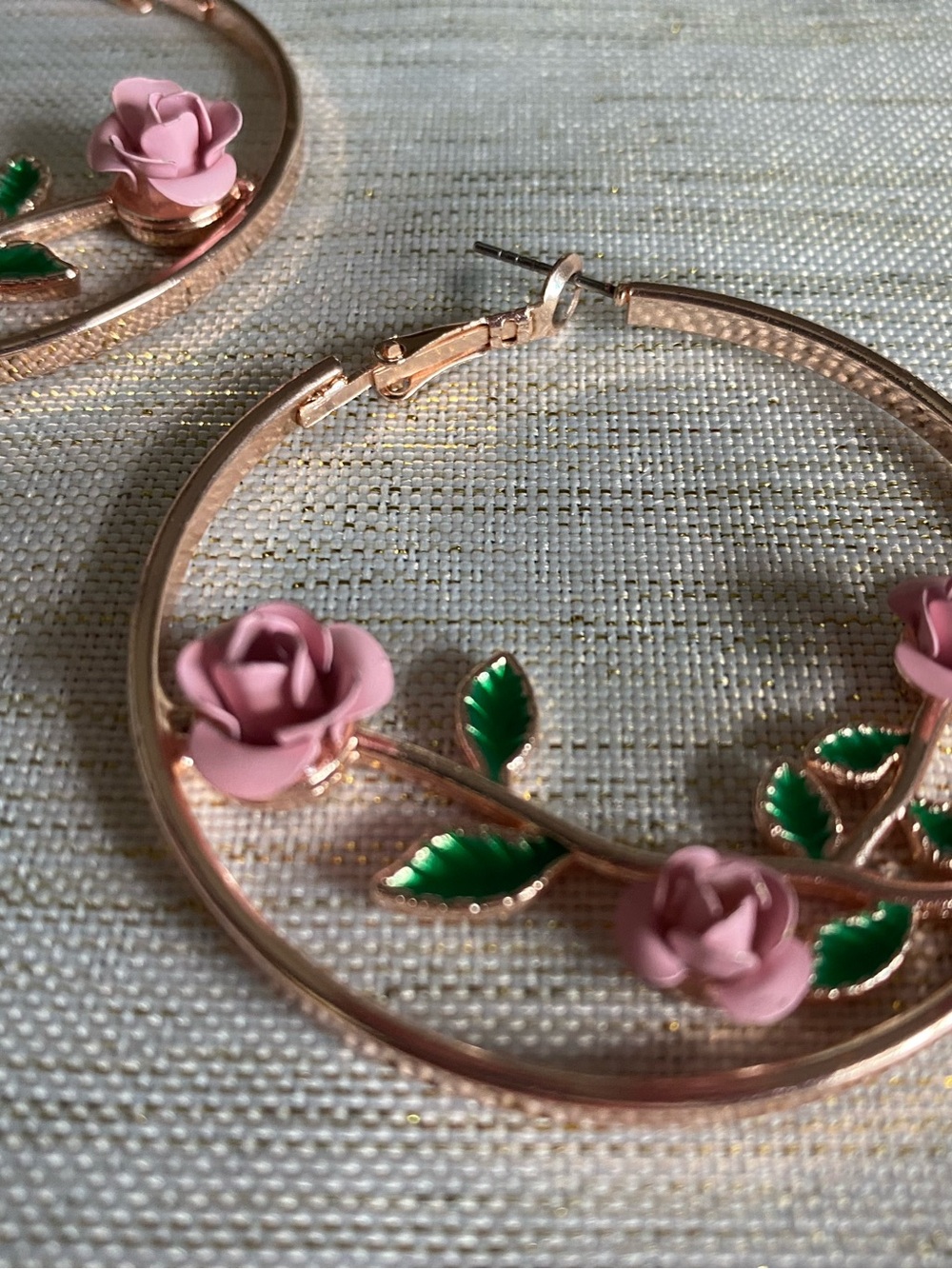 Rose Gold Hoop Earrings with Pink Rose & Green Leaves